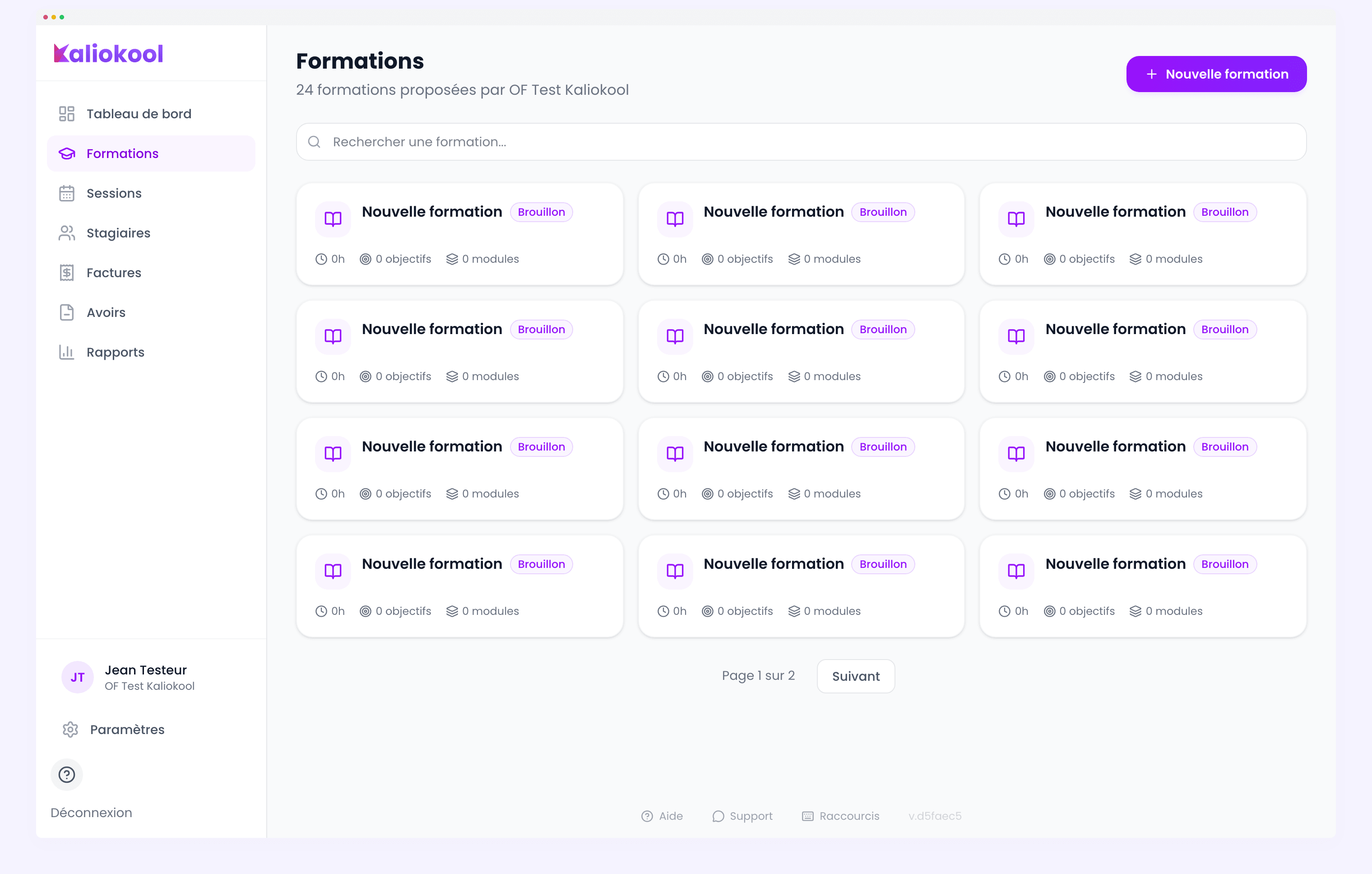 Menu d'actions de la formation