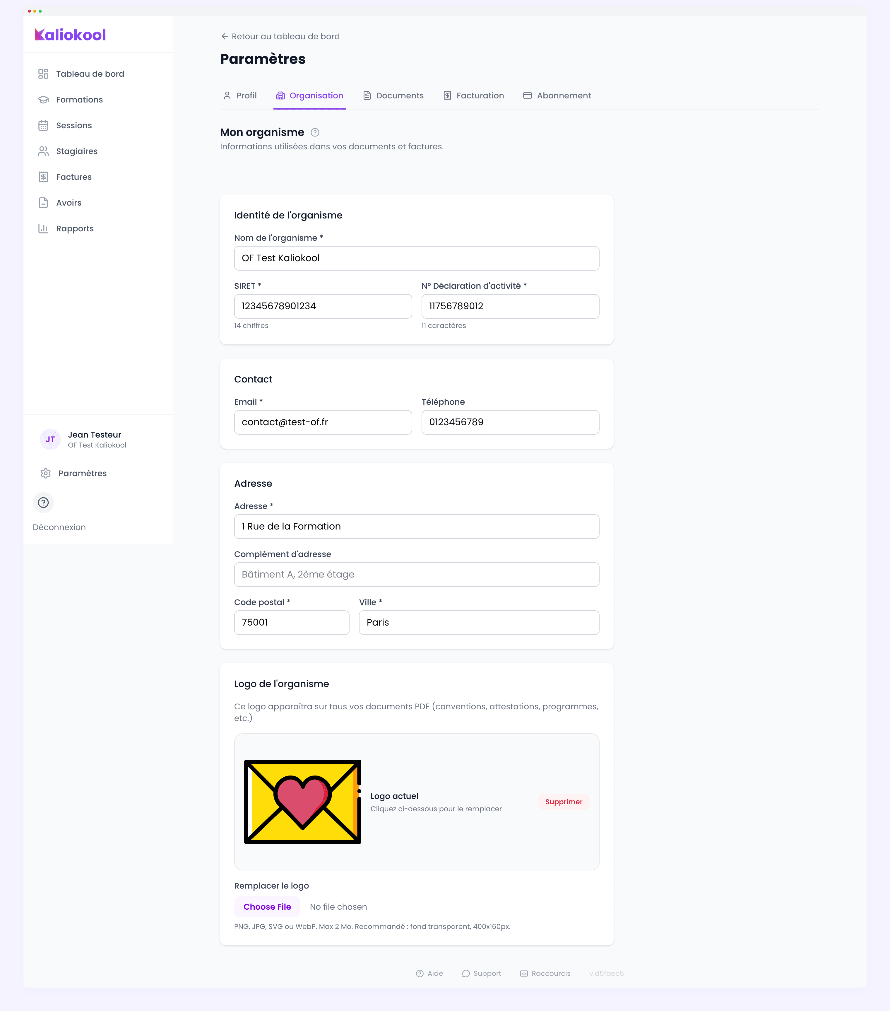 Page des paramètres